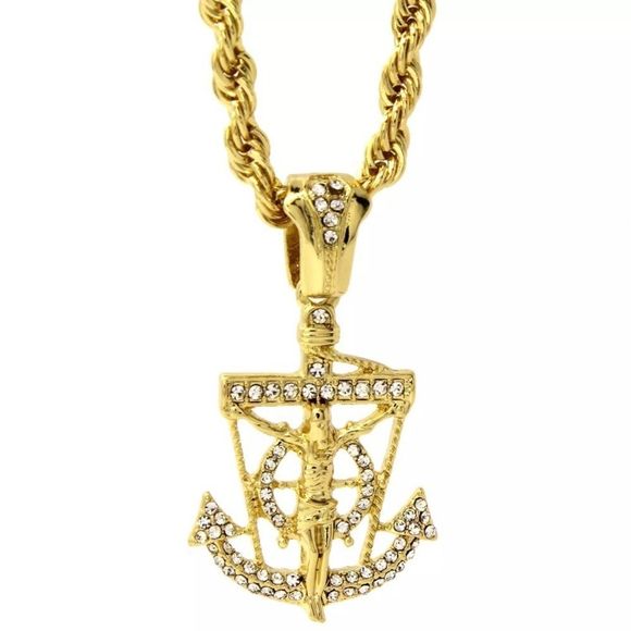 14K Gold Anchor Jesus Pendant & Rope Chain - Picture 5 of 5
